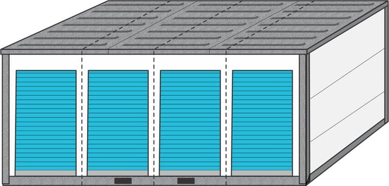 Četras sānu durvis - četri 4,6 m² boksi